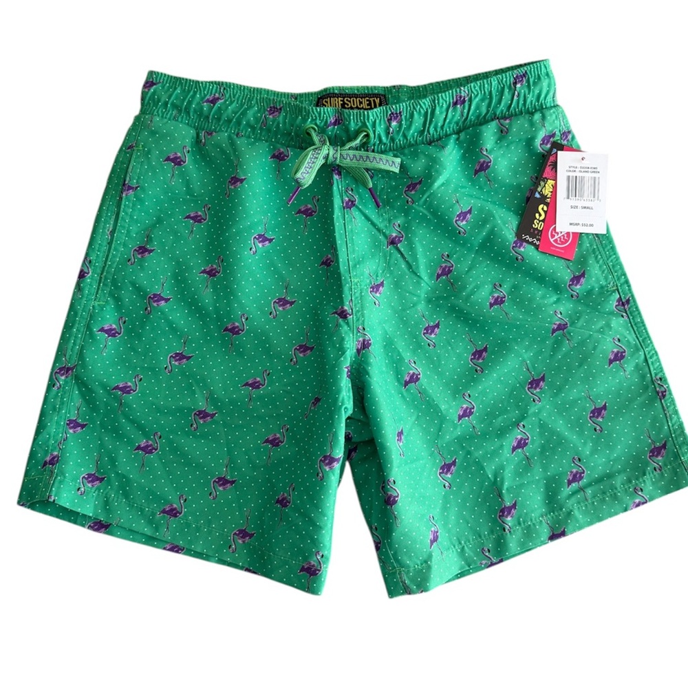 Surf Society Green Swim Trunks with Purple Flamingos
